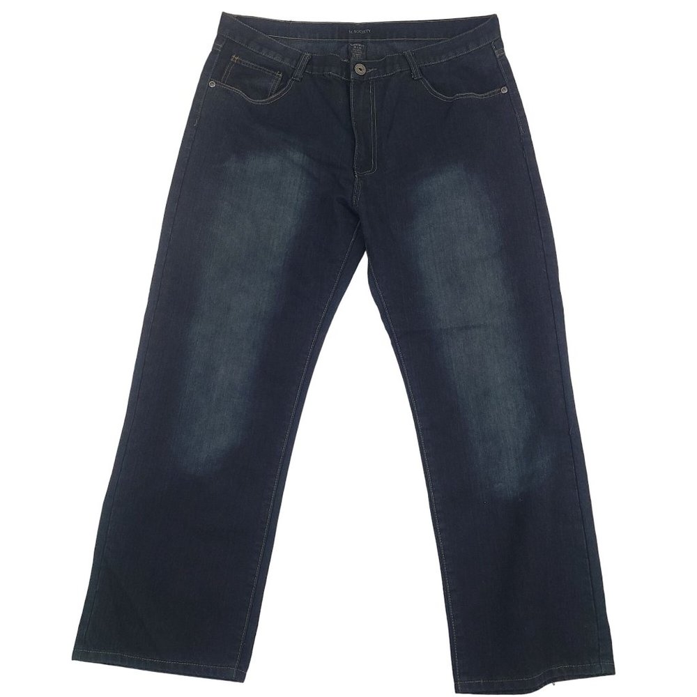 M Society Jeans Mens 38x30 Blue Denim Dark Wash Stitched Straight Leg Pockets